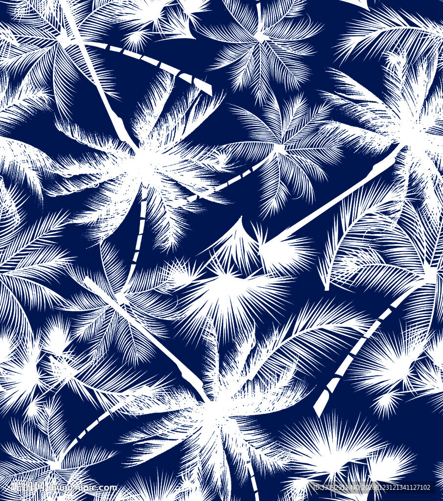 蓝底白色棕榈叶图案