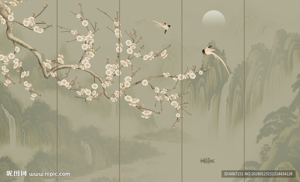 新中式兰古风水工笔花鸟画背景墙