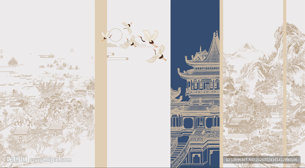 新中式山水阁楼飞鹤背景墙