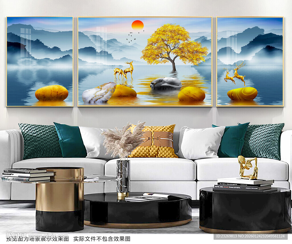 山水麋鹿装饰画