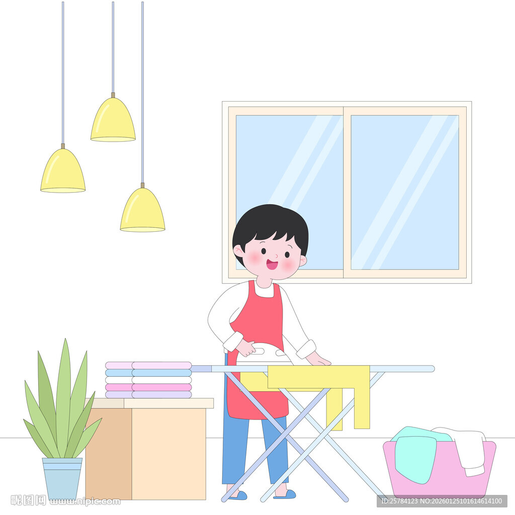 家庭大扫除熨衣服晾衣服家务插画