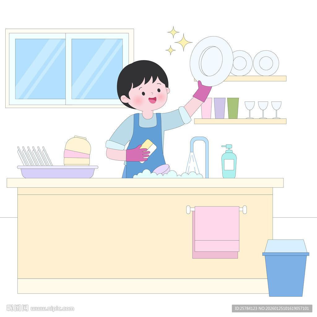 厨房洗碗刷盘子杯子做家务插画