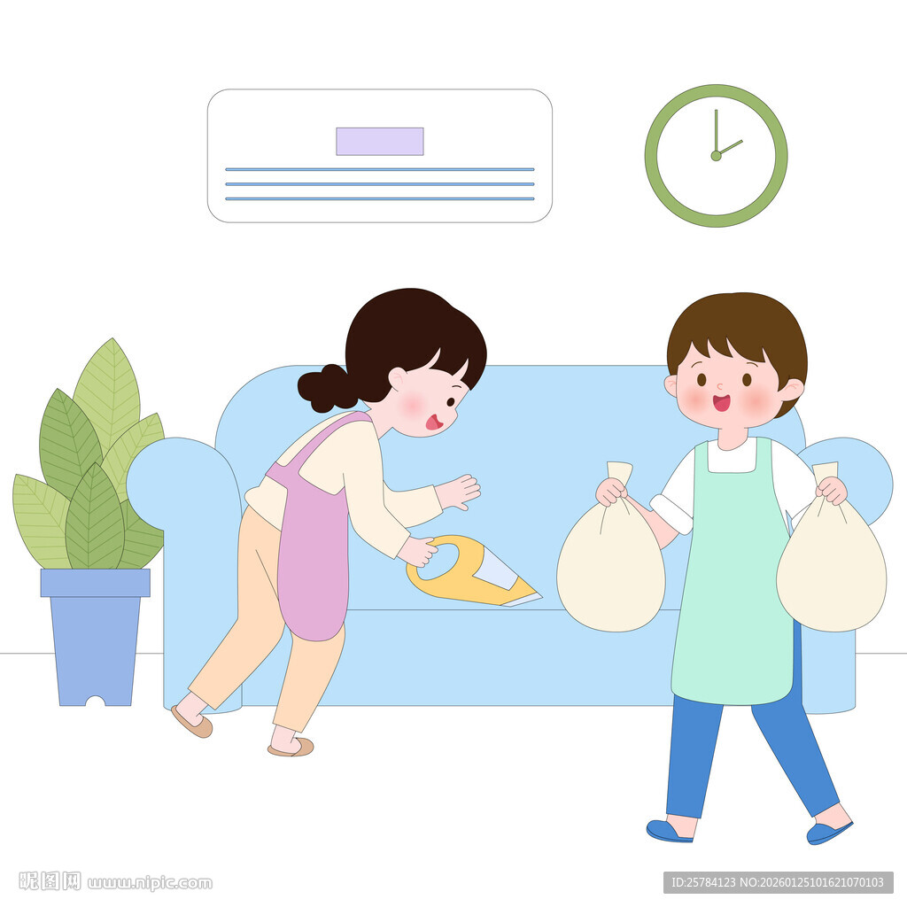 吸尘器扫沙发扔垃圾袋做家务插画
