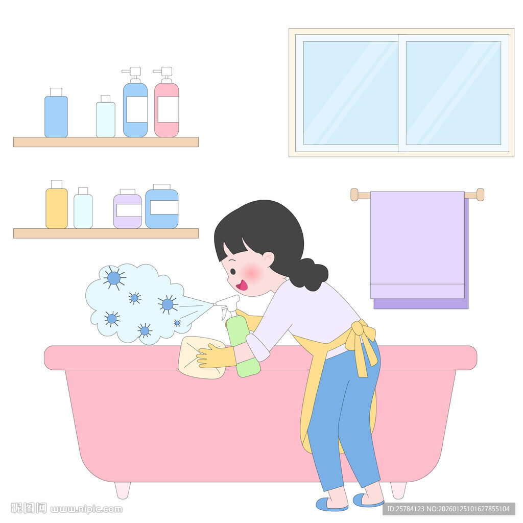 卫生间擦浴缸打扫卫生做家务插画