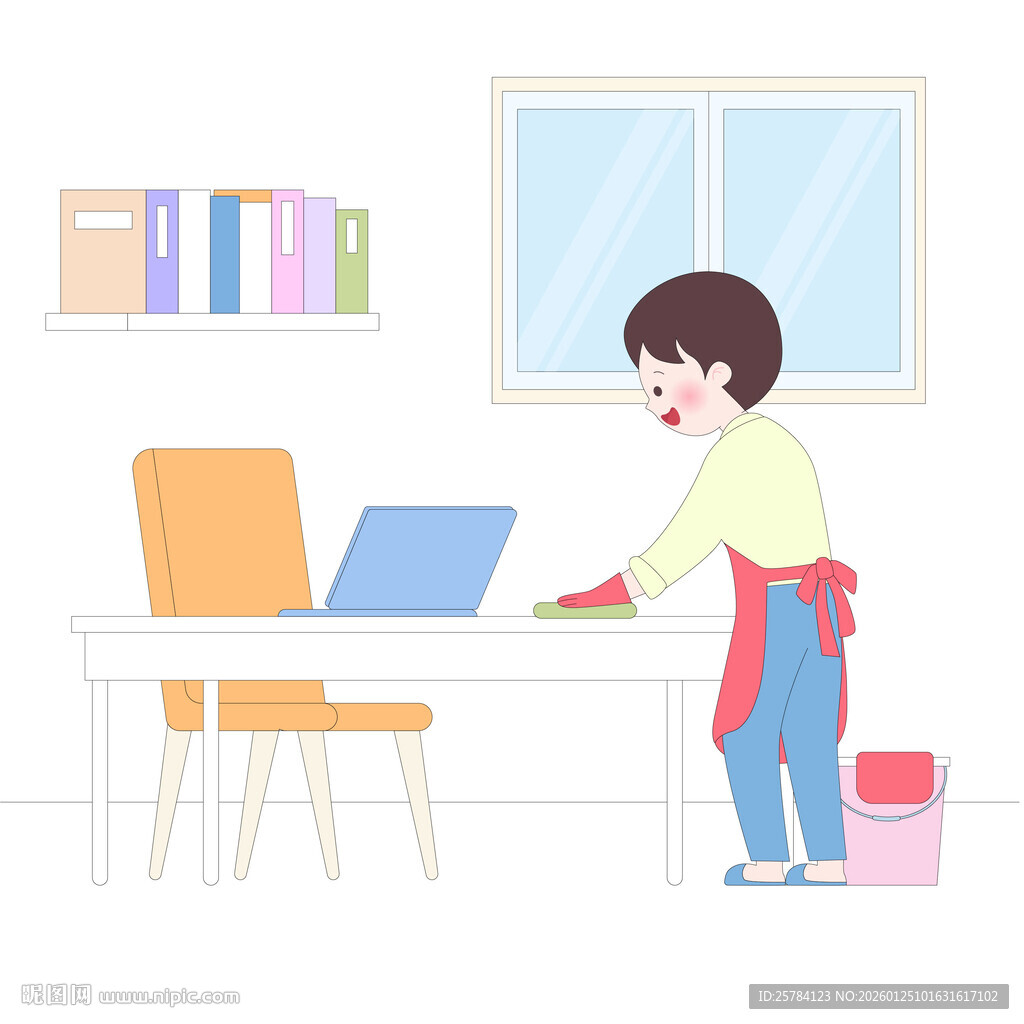 清理办公室桌面书架做家务插画