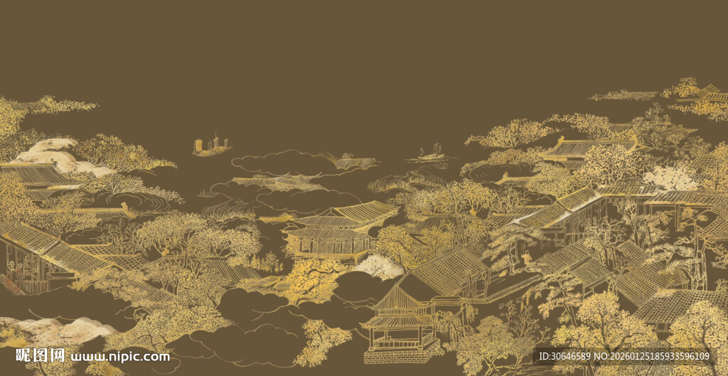 水墨山水间的古韵楼阁