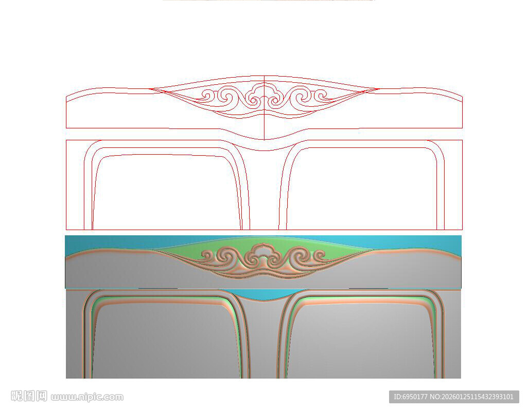 仿古祥云中式床头靠头精雕图灰度