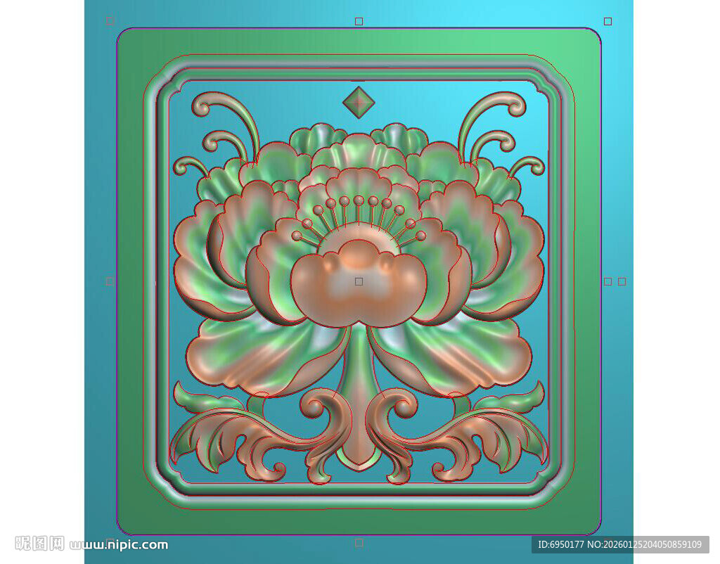 方形牡丹花门板精雕图牡丹花灰度