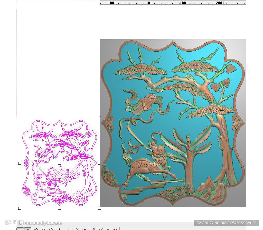麒麟送书松树门板精雕图灰度浮雕