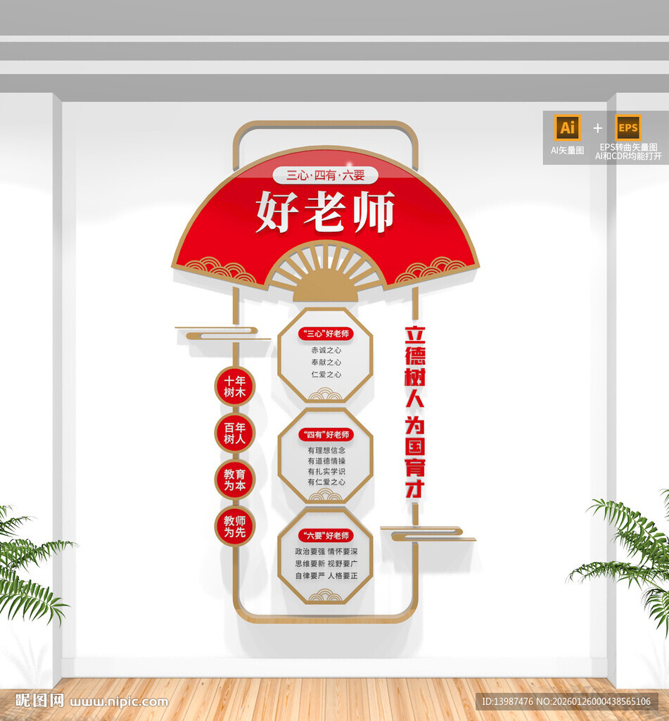 竖版三心四有六要好老师文化墙