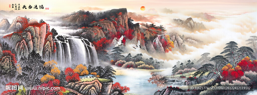 酒店大堂山水画 山水壁画