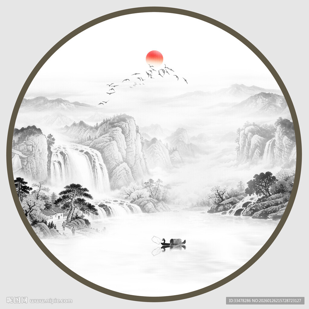 圆形意境水墨山水画