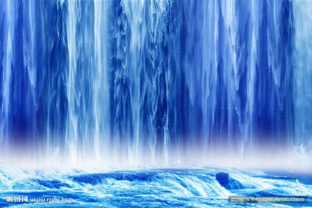 蓝色高清瀑布山水画