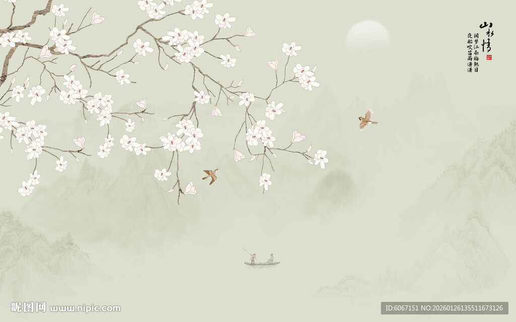 新中式国画花鸟画背景墙