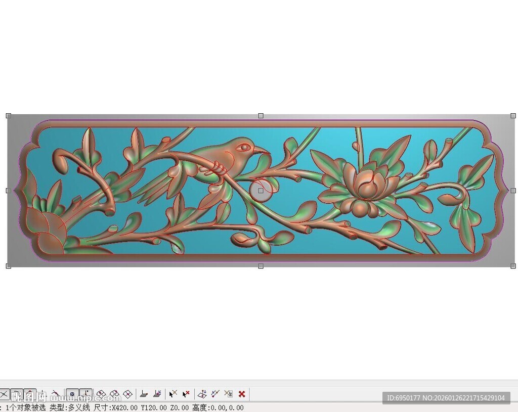 中式花鸟横向围板精雕图灰度浮雕