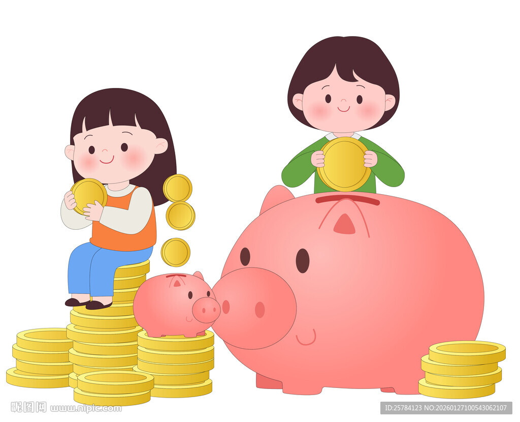 粉色小猪存钱罐金币理财儿童插画