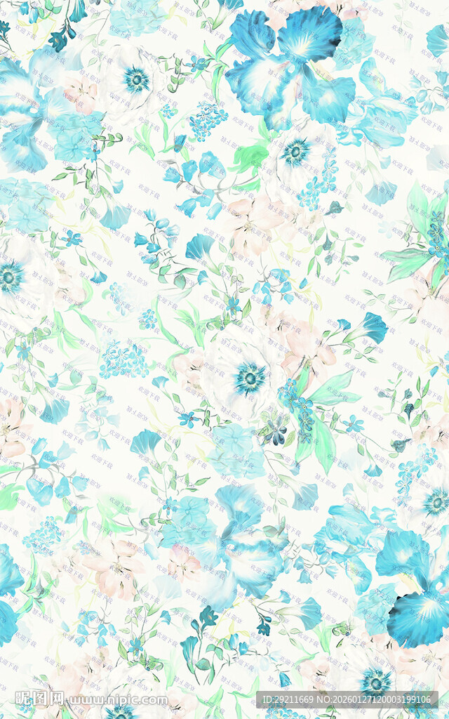 清新蓝绿水彩花卉纹理
