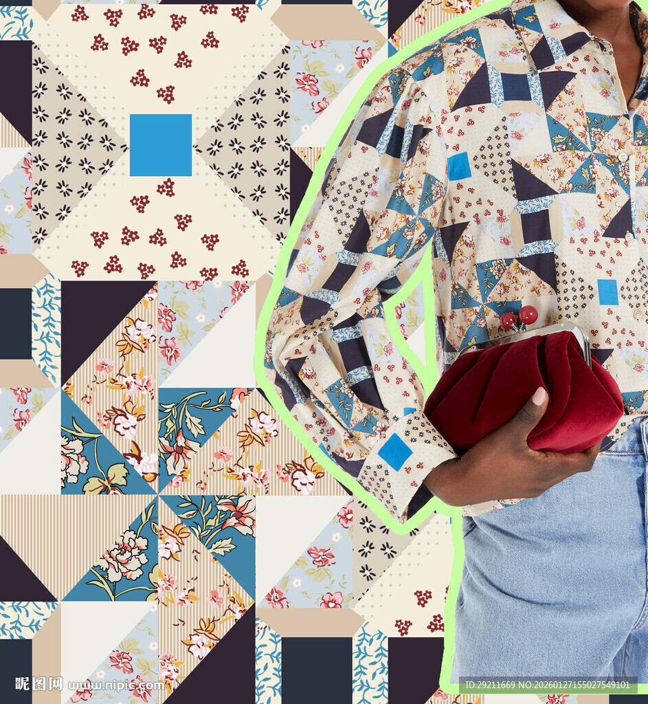 复古拼布风上衣搭配牛仔裤