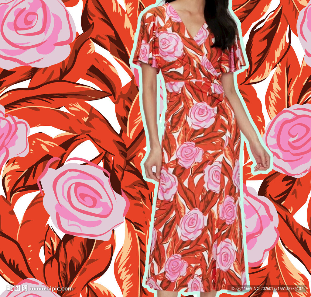 花卉印花长裙女性形象