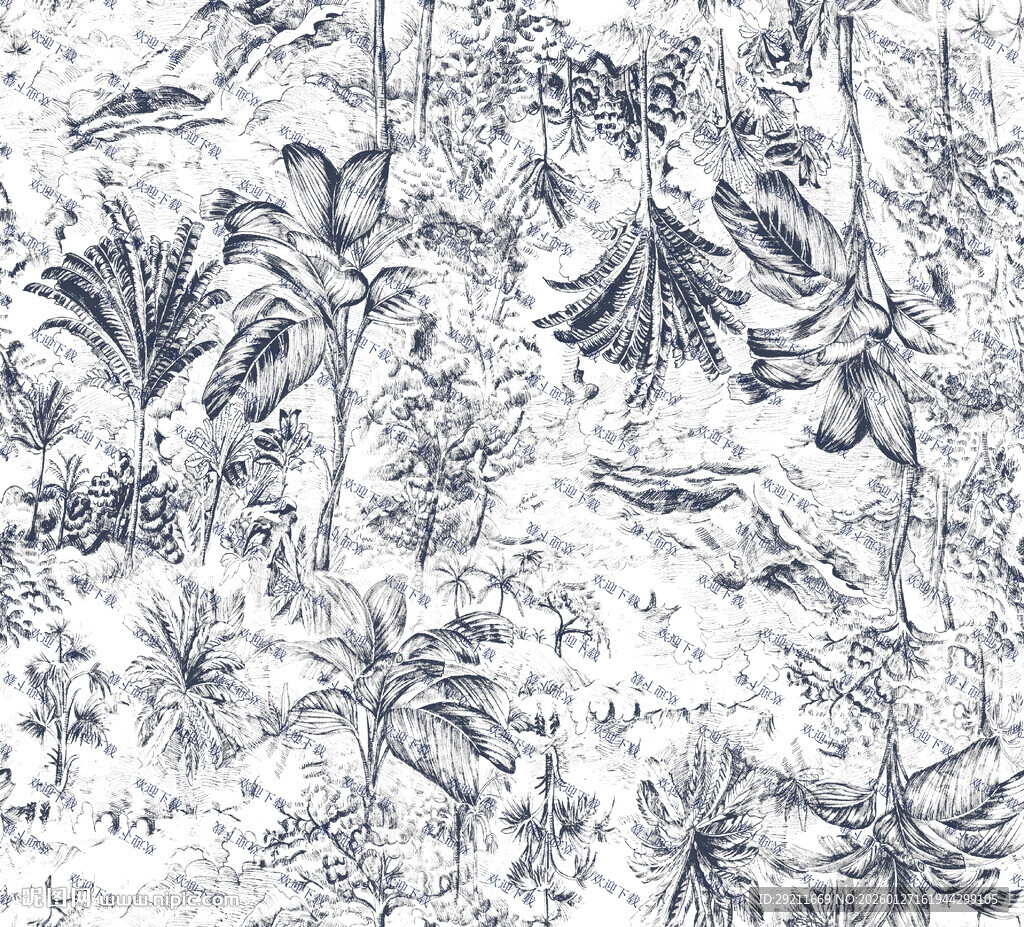 蓝白植物图案纹理背景