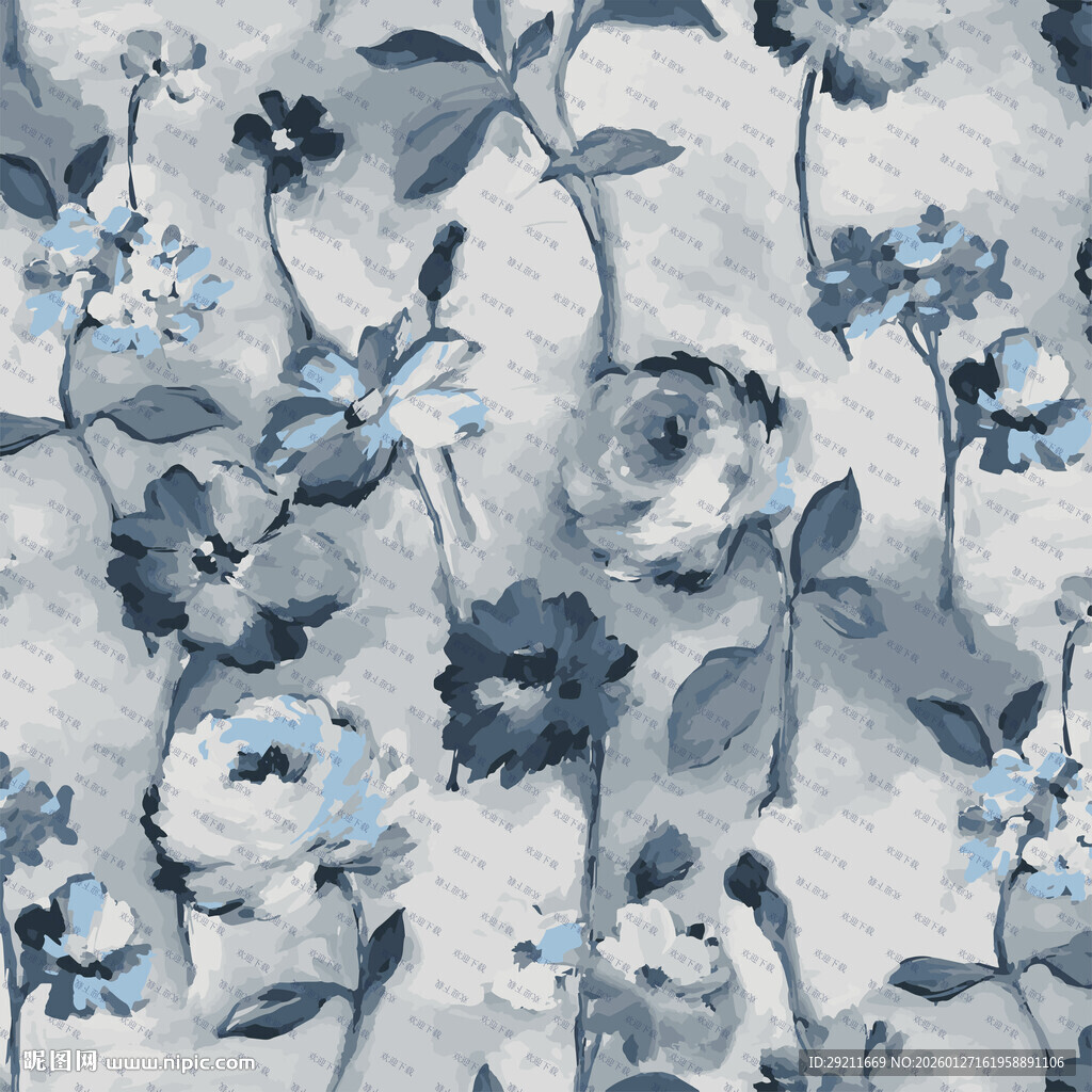 蓝白花卉图案布料纹理