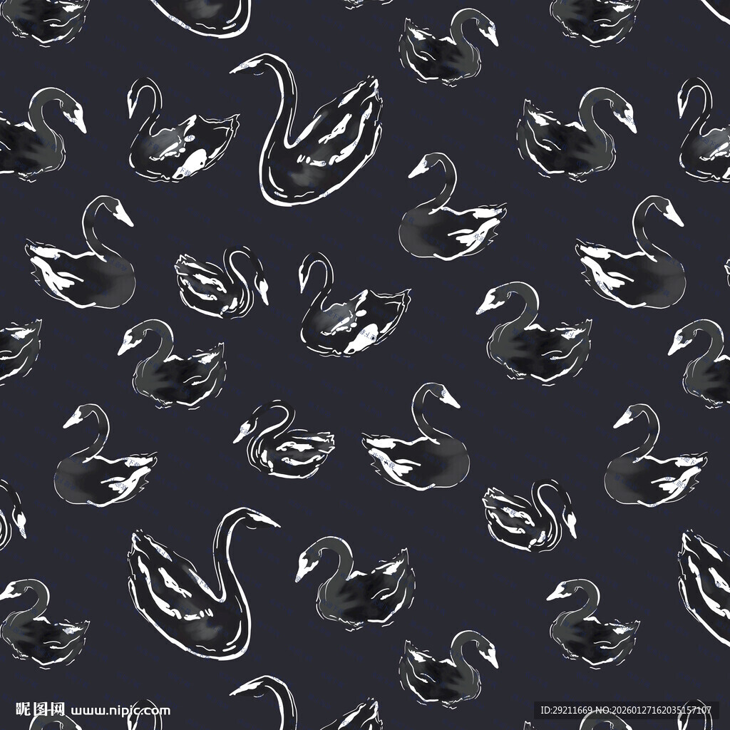 黑色背景上的天鹅鸭子图案