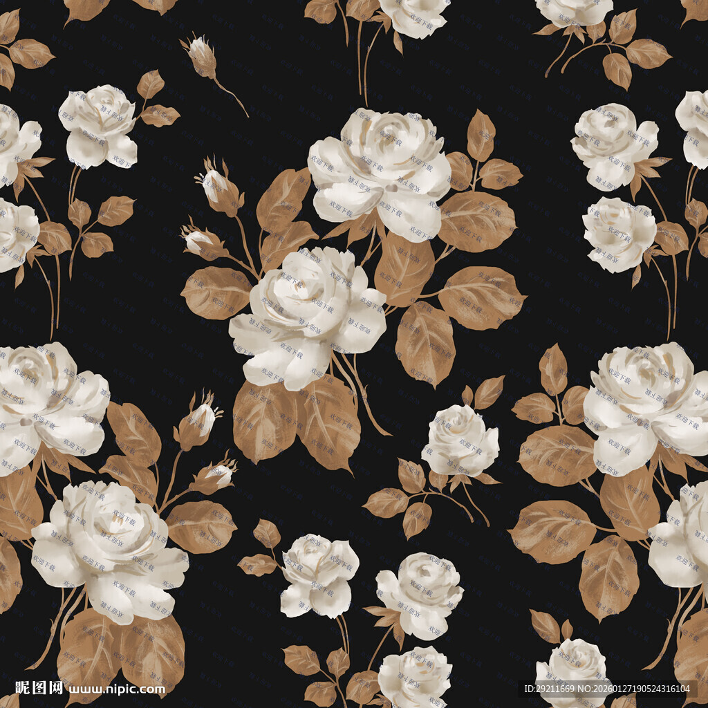 黑底白花复古花卉图案
