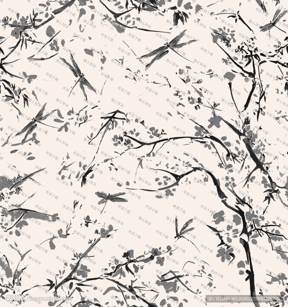 水墨风蜻蜓树枝纹理图案