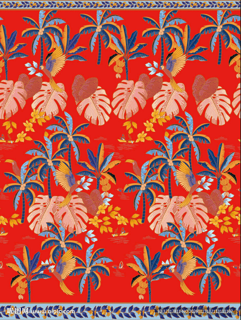 红色花卉图案精美织物