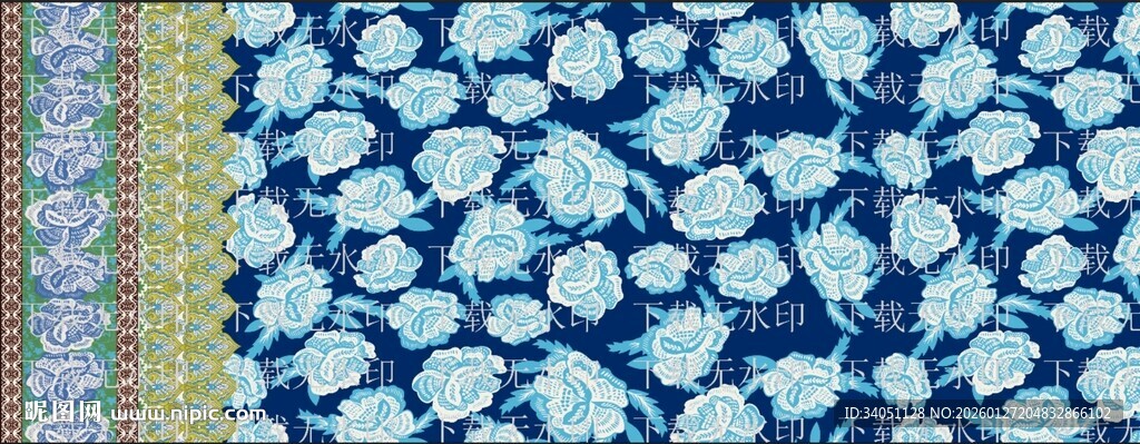 蓝白花卉图案布料