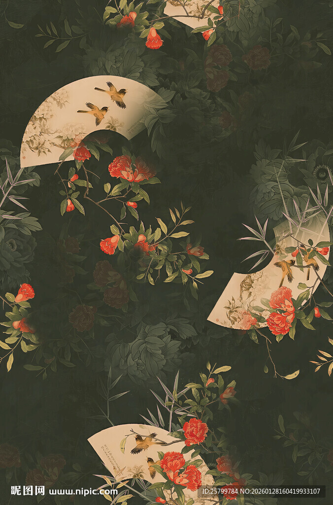 中式复古花卉扇面图案