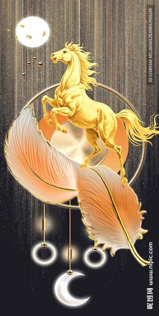梦幻金色飞马悬浮于月景中