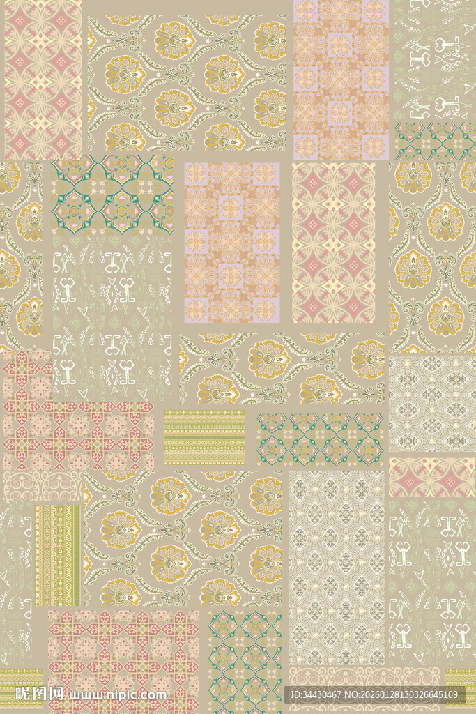 复古拼贴风几何花纹图案