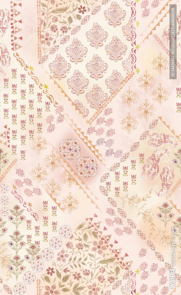 梦幻粉色系几何花卉图案