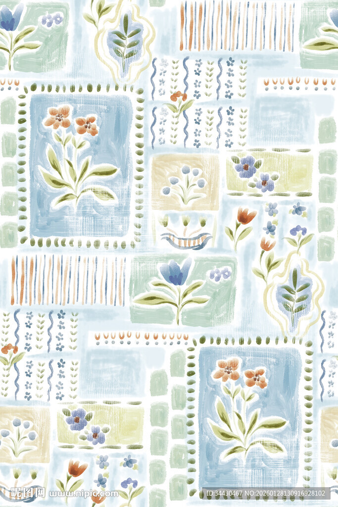 清新花卉几何图案印花