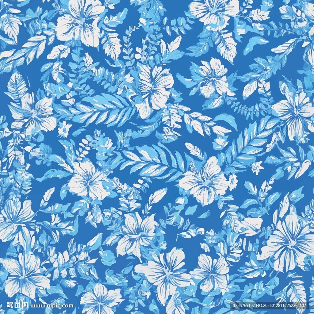 蓝白花卉图案布料纹理