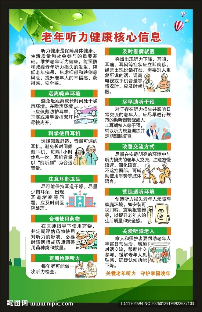 老年听力健康核心信息海报