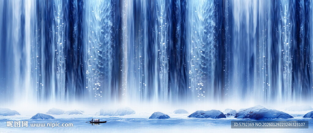 招财瀑布山水画