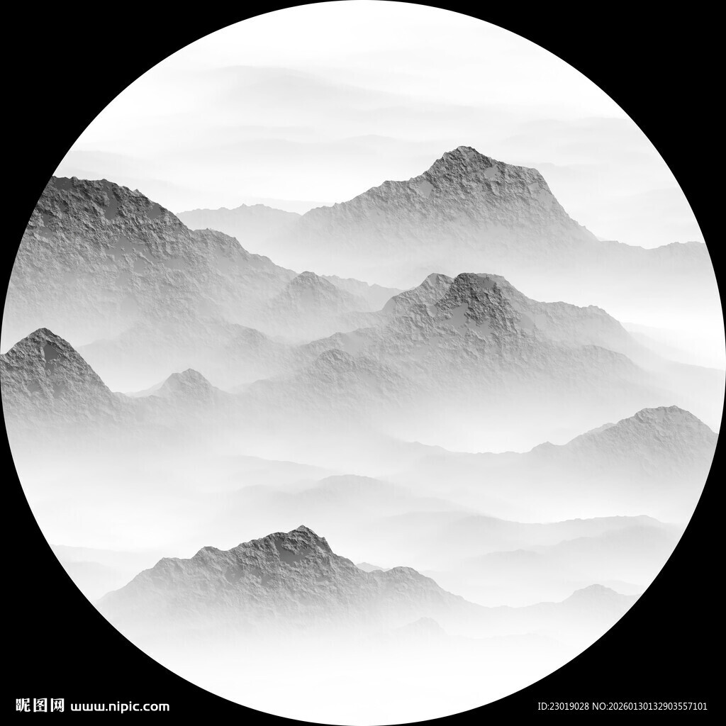 圆形水墨山水意境图