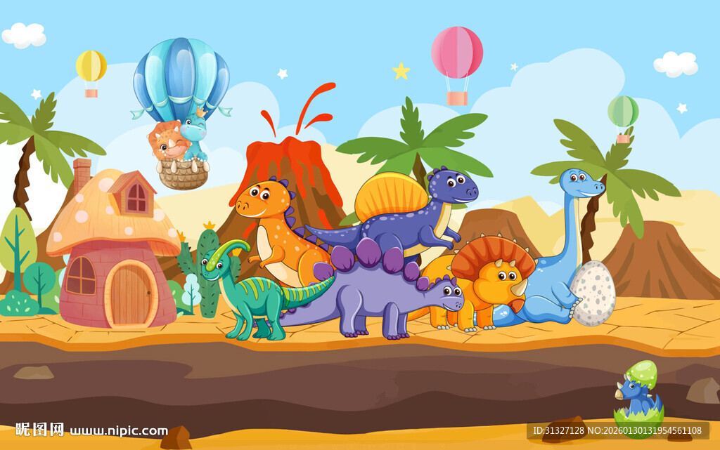 卡通森林可爱恐龙世界儿童背景墙