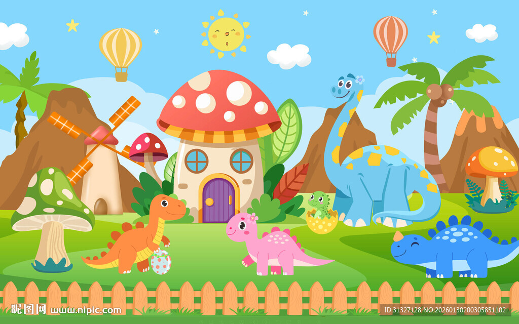 可爱卡通森林恐龙世界儿童背景墙