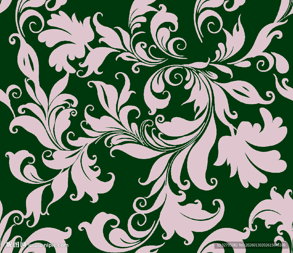 绿色底花卉卷草纹图案