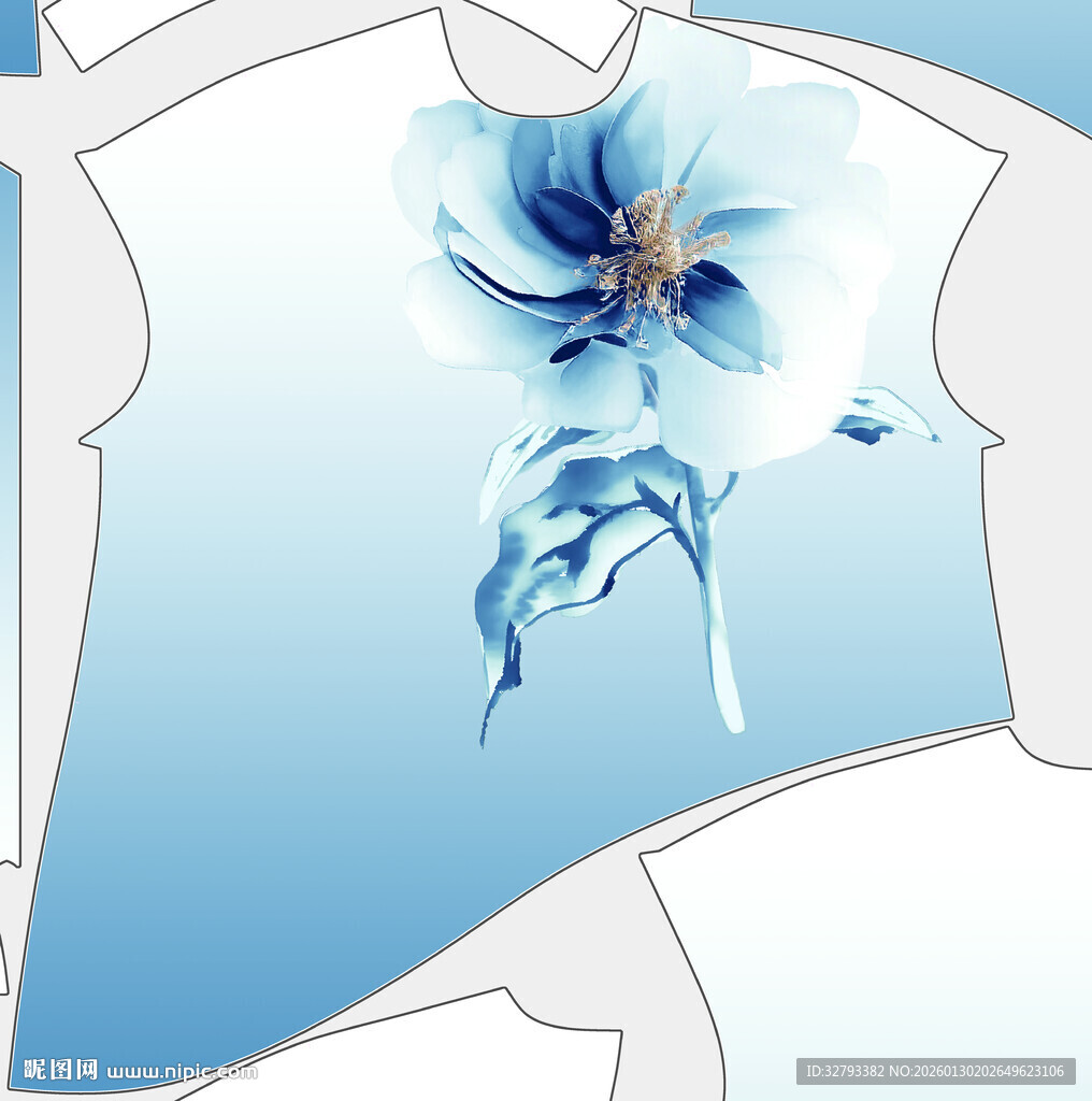 蓝色花朵图案创意T恤设计