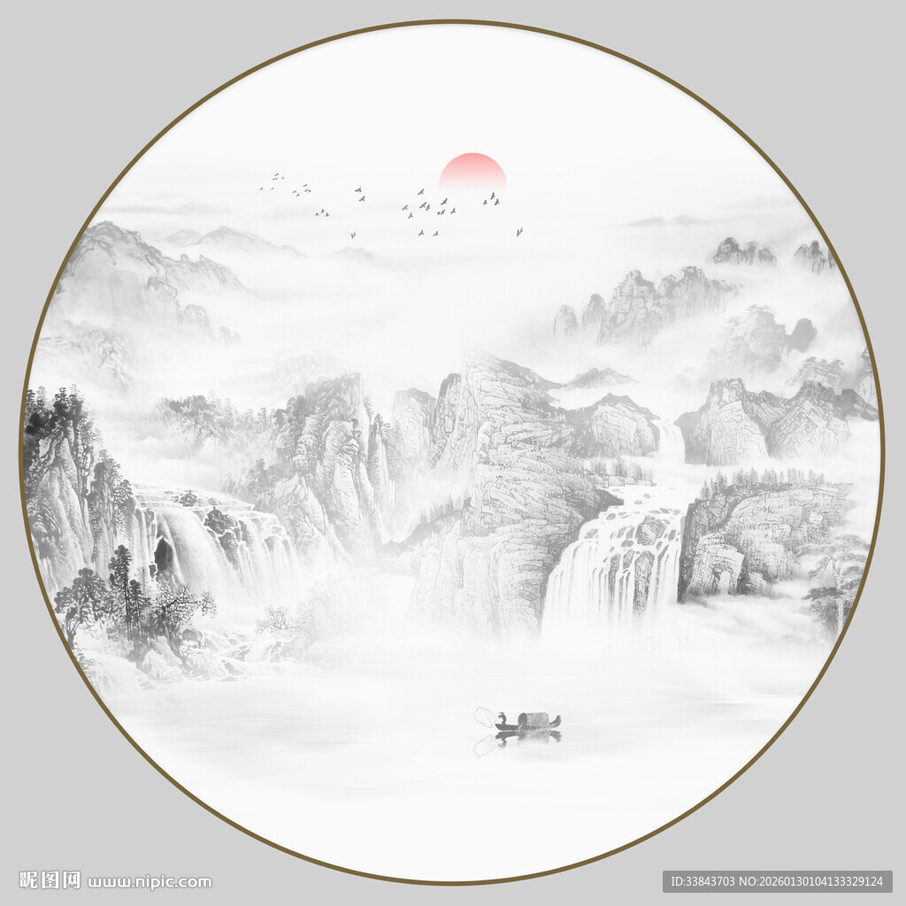圆形山水水墨画
