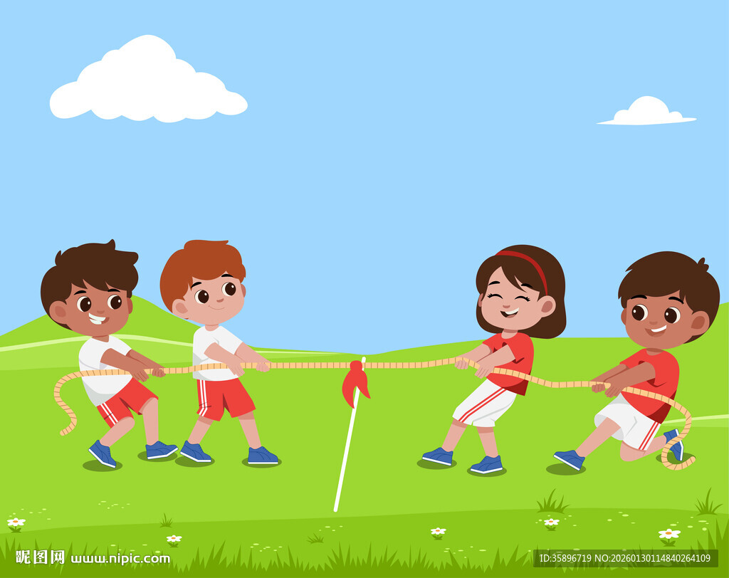 儿童在草地欢快拔河比赛
