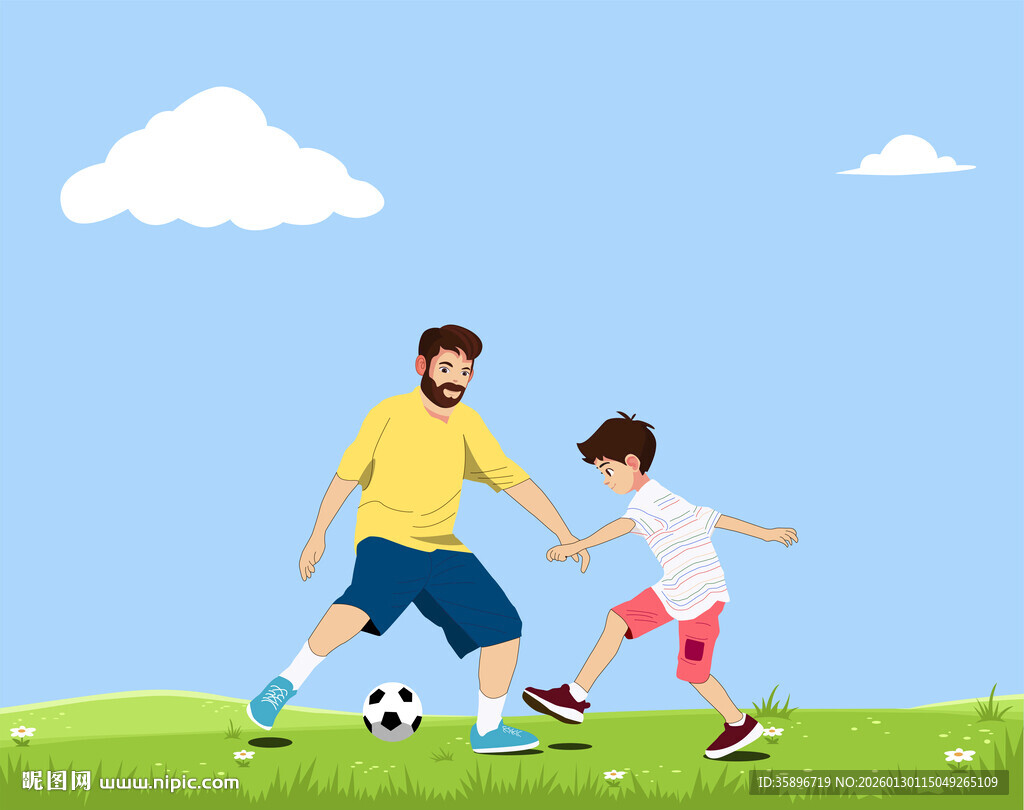 父亲与孩子在草地踢足球