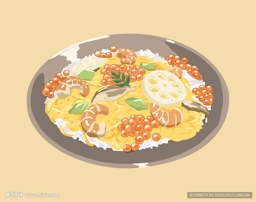 虾仁鱼籽莲藕蘑菇鸡蛋美味盖饭