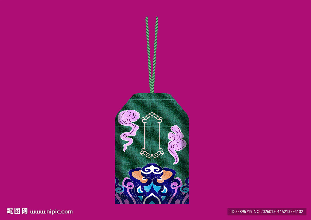 手绘花卉图案绿色香囊