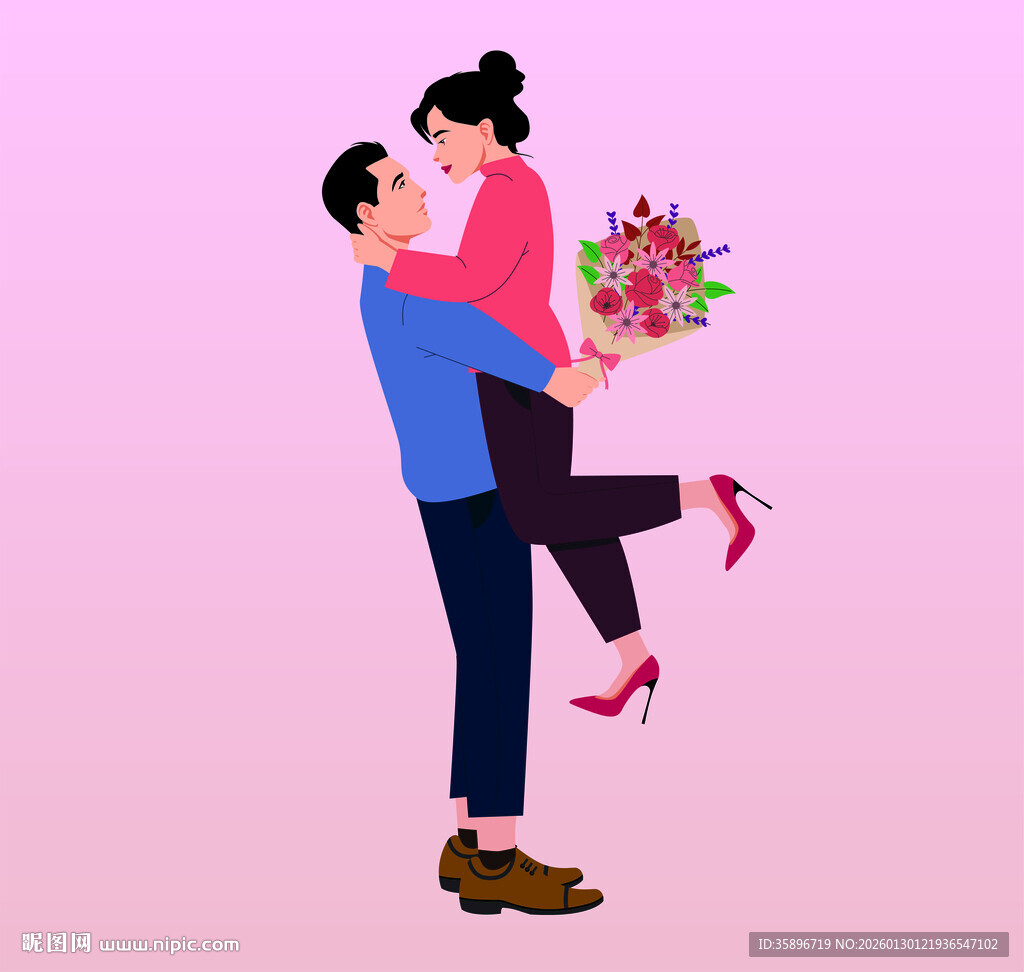 男子抱起女子送花秀恩爱