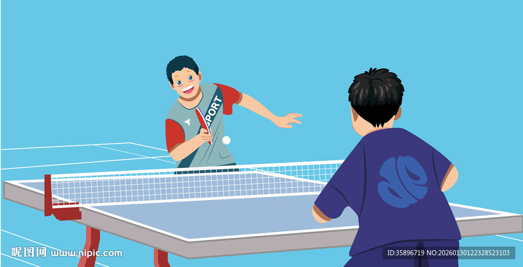 两个男孩专注打乒乓球瞬间